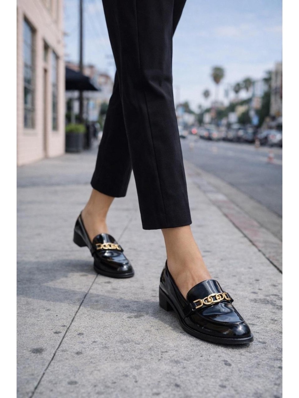 NWT Sam Edelman Black Patent Loafers with Gold Chain